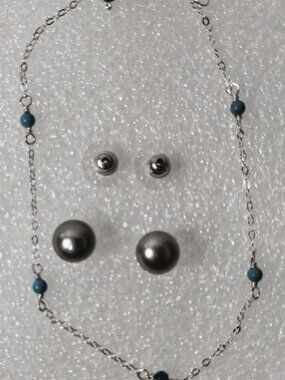 Sterling Silver 925 Ankle Bracelet w/ Turquoise Beads + Pearl Stud Earrings